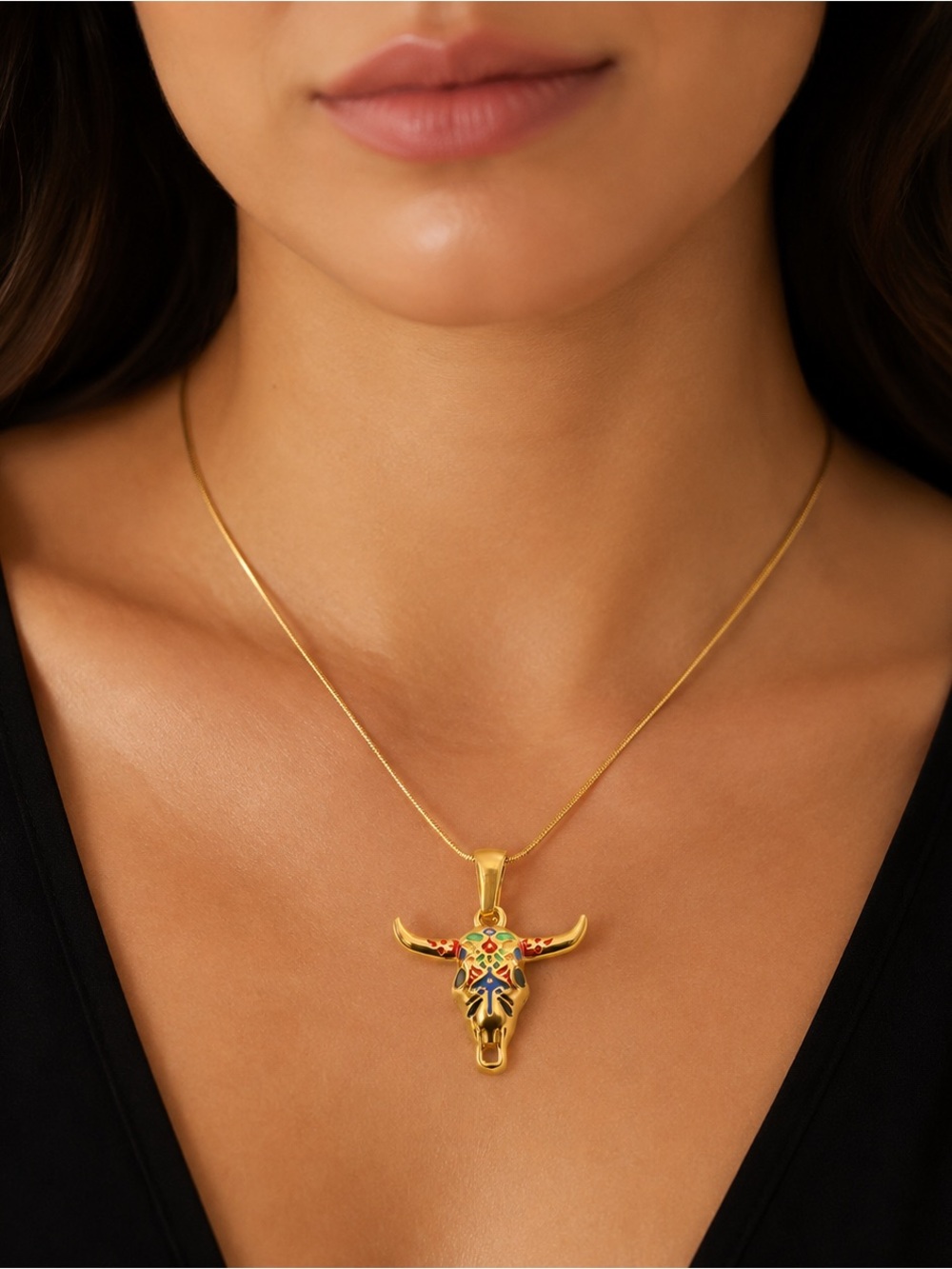 Gold Bull Skull Pendant Necklace with crystals